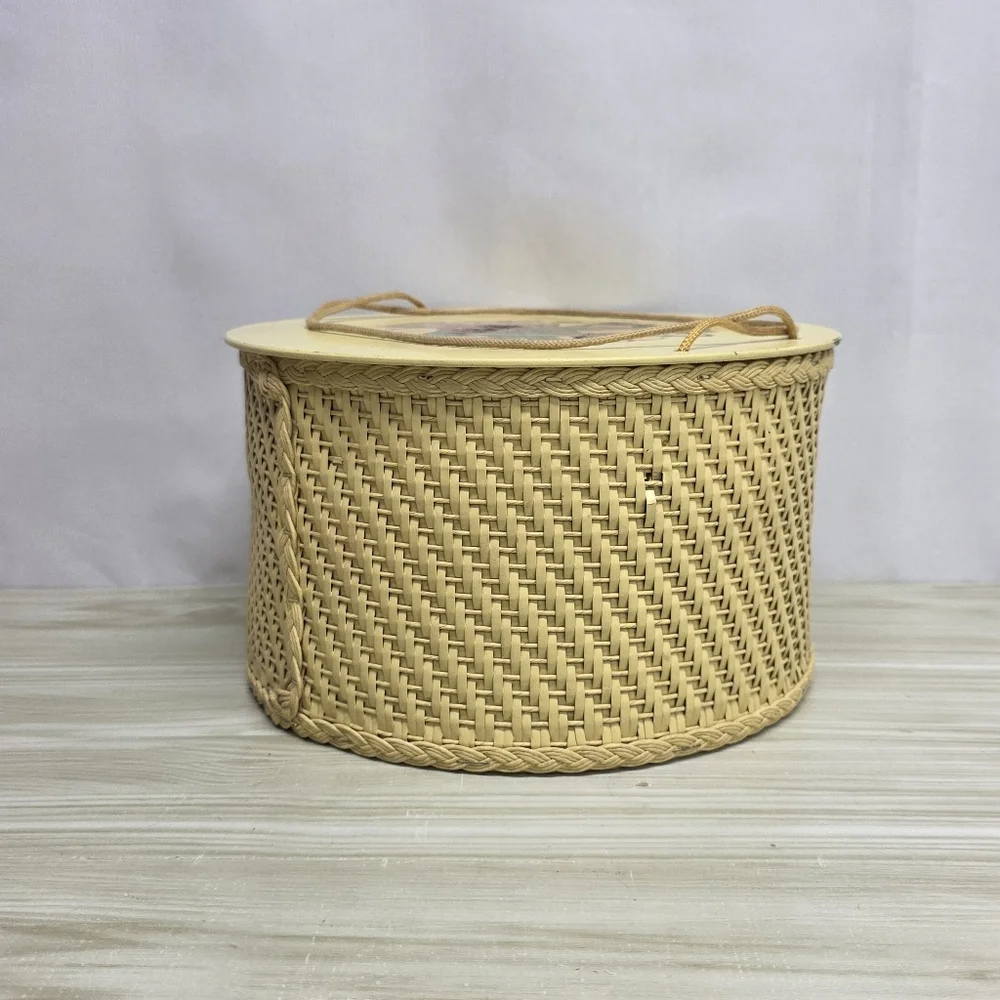 Vintage Soft Yellow Wicker Sewing Basket